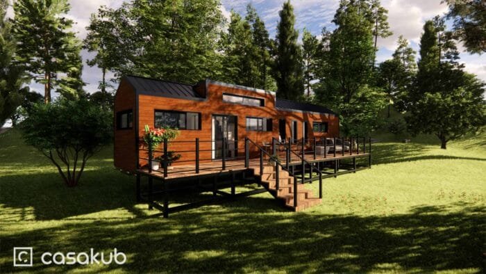 Houtskelet tiny house plan op oplegger - zijaanzicht