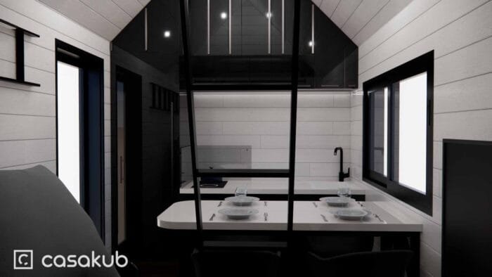 Vue intérieure du plan d'une tiny house 17 m2 avec mezzanine