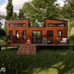 Pequena moradia de 28m² em roulotte, concebida para autoconstrução, oferecendo espaços otimizados.