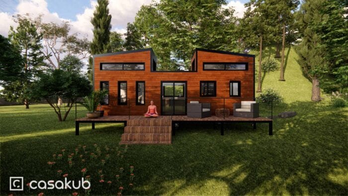 Tiny house de 28m² sur remorque, conçue pour une auto-construction, offrant des espaces optimisés.