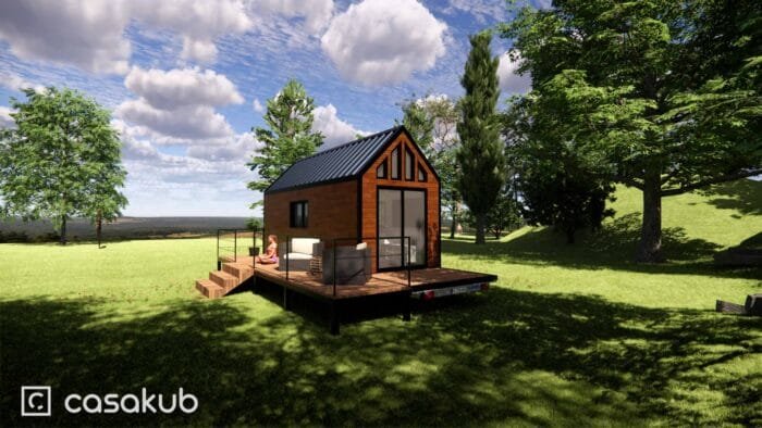 Plan ossature bois tiny house moderne avec mezzanine, vue latérale détaillée