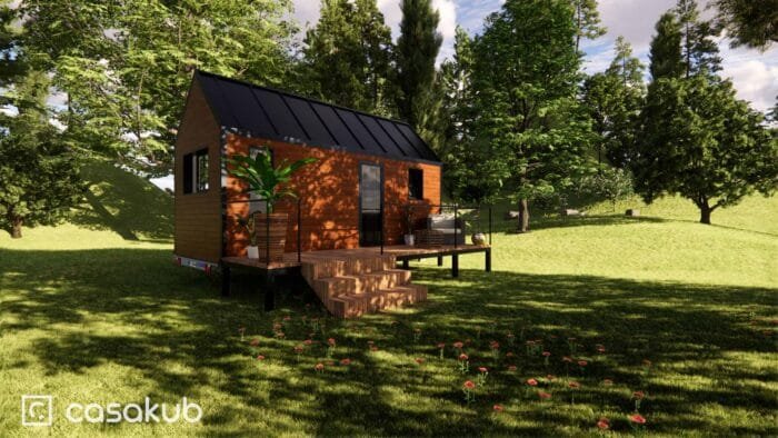 Plan tiny house avec terrasse et sa terrasse en bois à auto construire