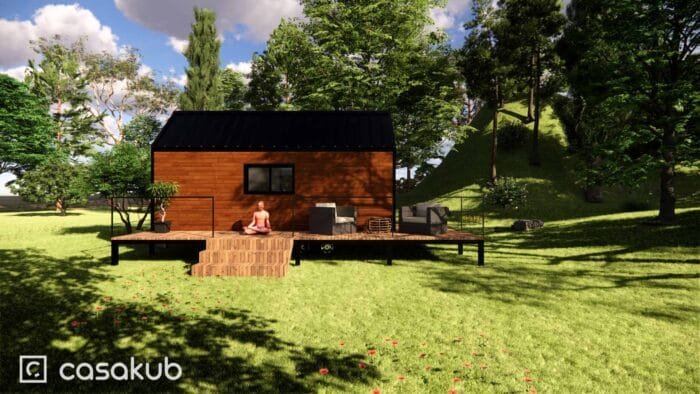 Plan auto-construction tiny house avec grande terrasse, vue de face