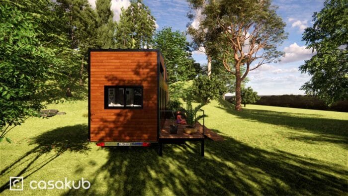 Plan d'une tiny house sur remorque, adaptée pour une grande famille, avec un espace de vie optimisé.