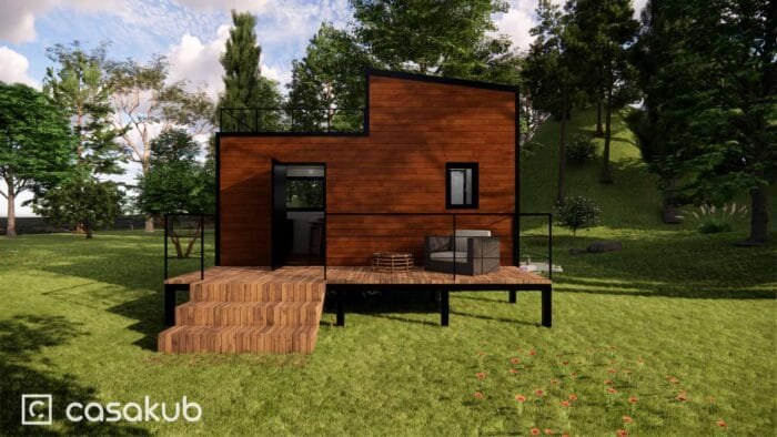 Plan d'une tiny house avec mezzanine et toit terrasse sur ossature en bois ou acier, optimisant l'espace de vie.