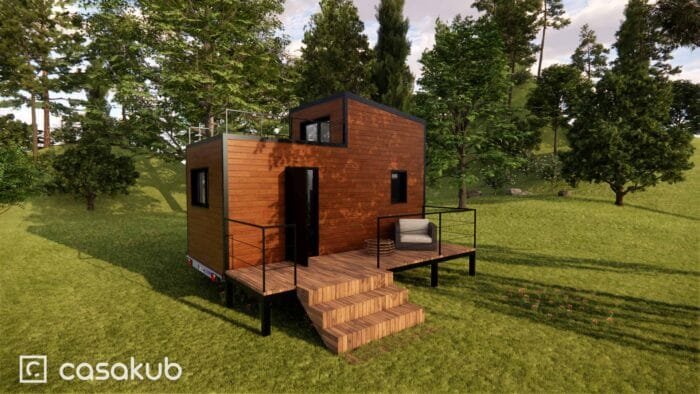 Plan d'une tiny house en kit montée sur remorque Vlemmix, avec un design compact et transportable.