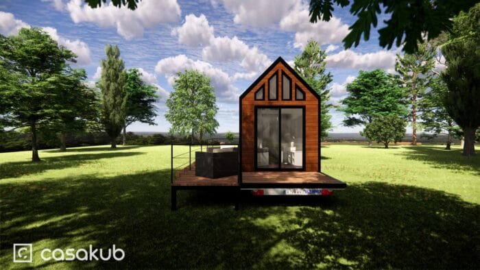 Vue de face d'un plan de tiny house avec mezzanine et terrasse sur remorque