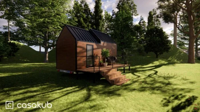 Plan d'agencement d'une tiny house de 17 m2, cuisine sur-mesure - vue cuisine