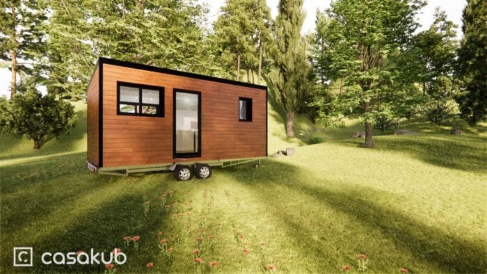 Tiny house économique de plain-pied servant de studio indépendant, idéale pour une personne seule ou un couple sans enfants