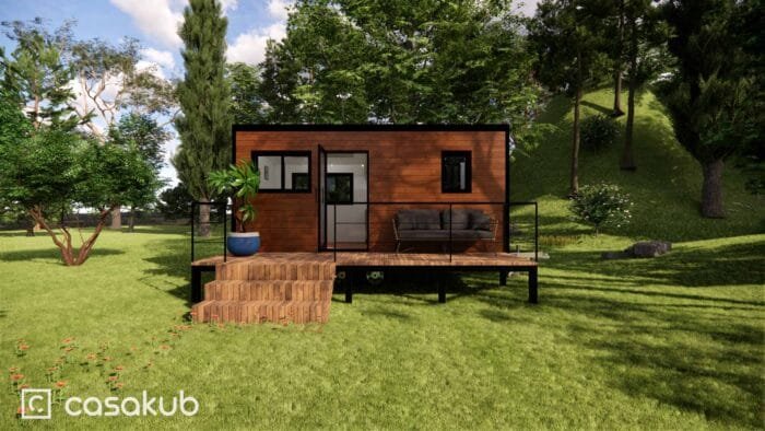 Tiny house de plain-pied au design minimaliste, conçue comme logement étudiant ou pour une personne souhaitant un mode de vie simple