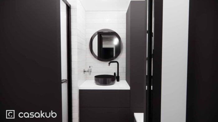 Agencement 3D de la salle de bain d'une tiny house moderne, montrant des éléments en noir et blanc avec un miroir circulaire.