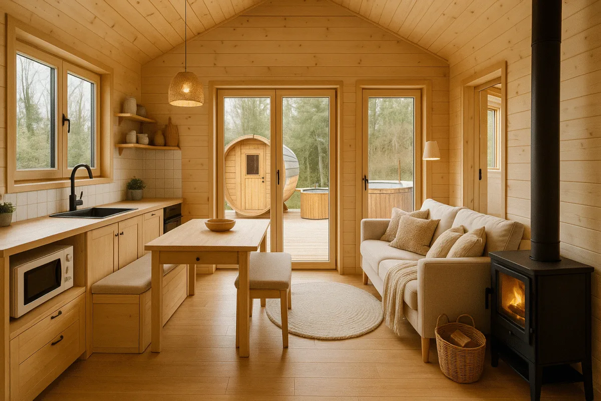 Intérieur optimisé de tiny house avec meubles multifonctions, décoration chaleureuse et équipements premium pour une location saisonnière attractive