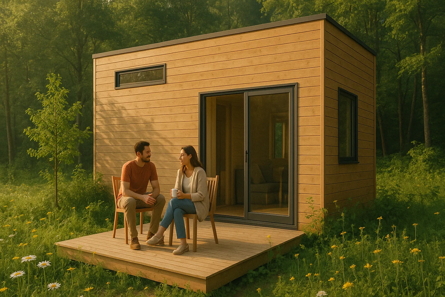 Tiny house moderne en bois au cœur de la nature, avec une famille profitant de la terrasse, illustration d’un hébergement écologique et chaleureux